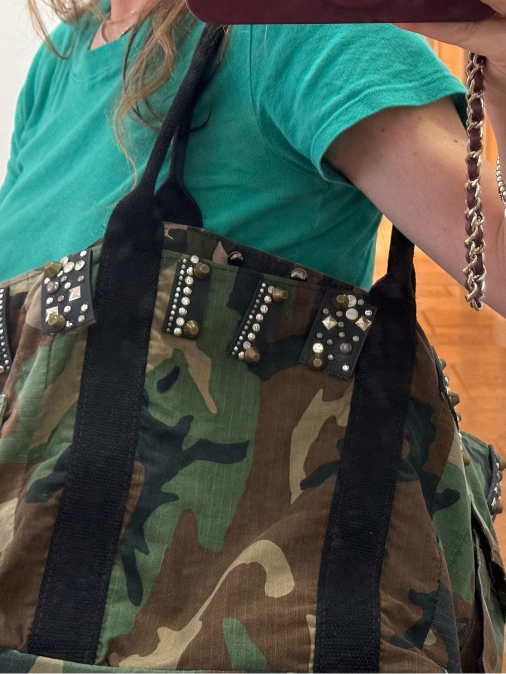 Free People Camouflage Canvas Tote with Studded Trim and Black Handles - Picture 7 of 7